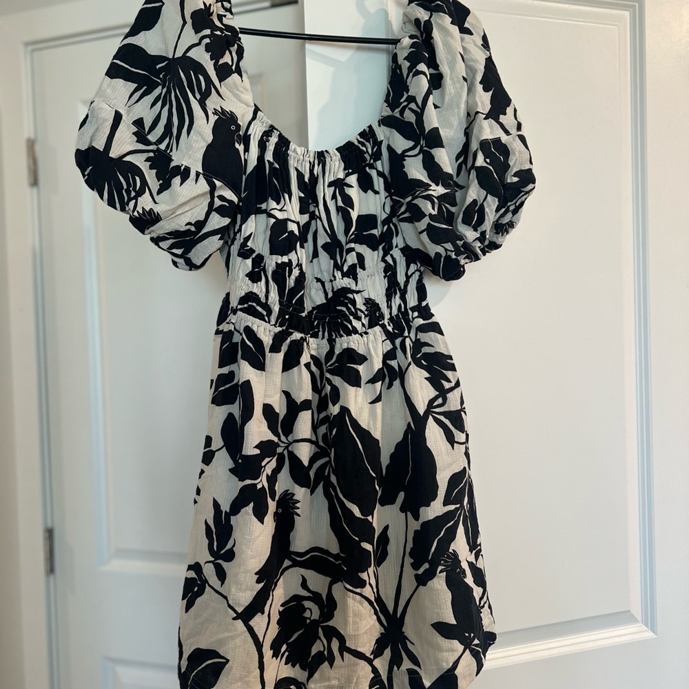 Anthropologie Black and Cream Floral Puff-Sleeve Mini Dress
